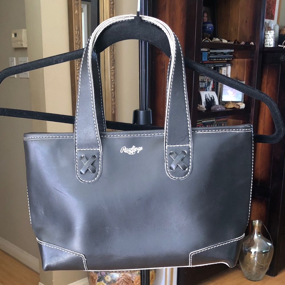 Rawlings RARE Black Leather Messenger Tote with White Contrast Stitching
